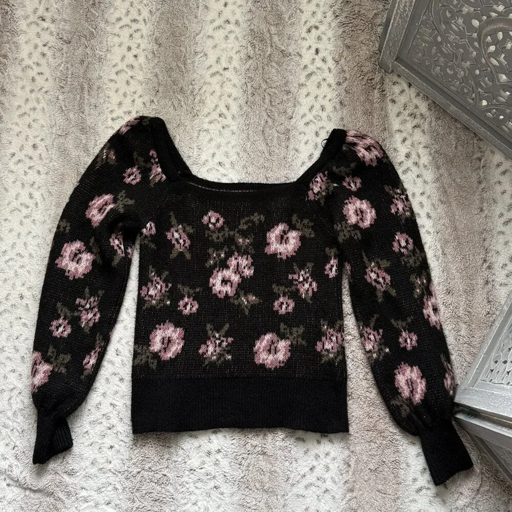 Anthropologie black bishop sleeve sweater medium rose floral dark feminine
